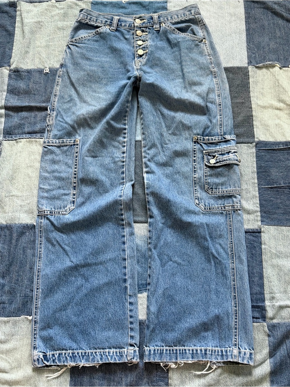 vtg y2k sqz usa wide leg baggy denim jeans squeeze button fly mid rise size 3/4